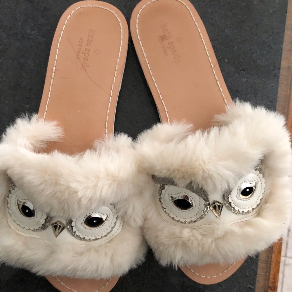 Kate Spade leather sole fluffy white slides